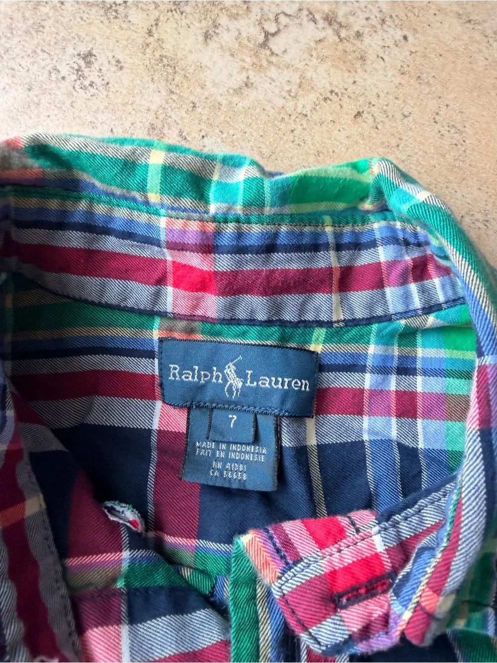 Ralph Lauren Boys Size 7 Plaid Button Down Shirt Green Navy Red Cotton Pony